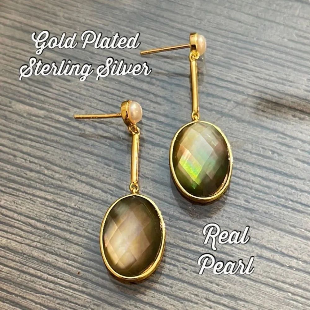 Gold Plated 925 Silver w/ Faceted Oval Dangle Earrings Iridescent Drop Earrings